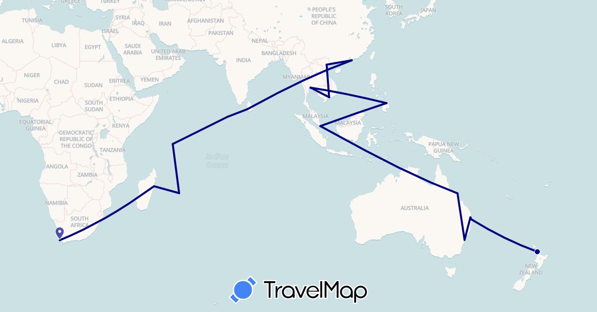 TravelMap itinerary: driving in Australia, China, Sri Lanka, Madagascar, Mauritius, Maldives, New Zealand, Philippines, Seychelles, Singapore, Thailand, Vietnam, South Africa (Africa, Asia, Oceania)